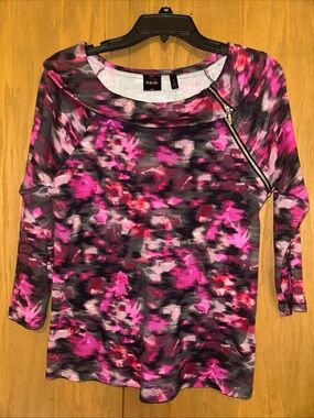 Rafaella Pink and Black Abstract Zip-Detail Long Sleeve Top Medium